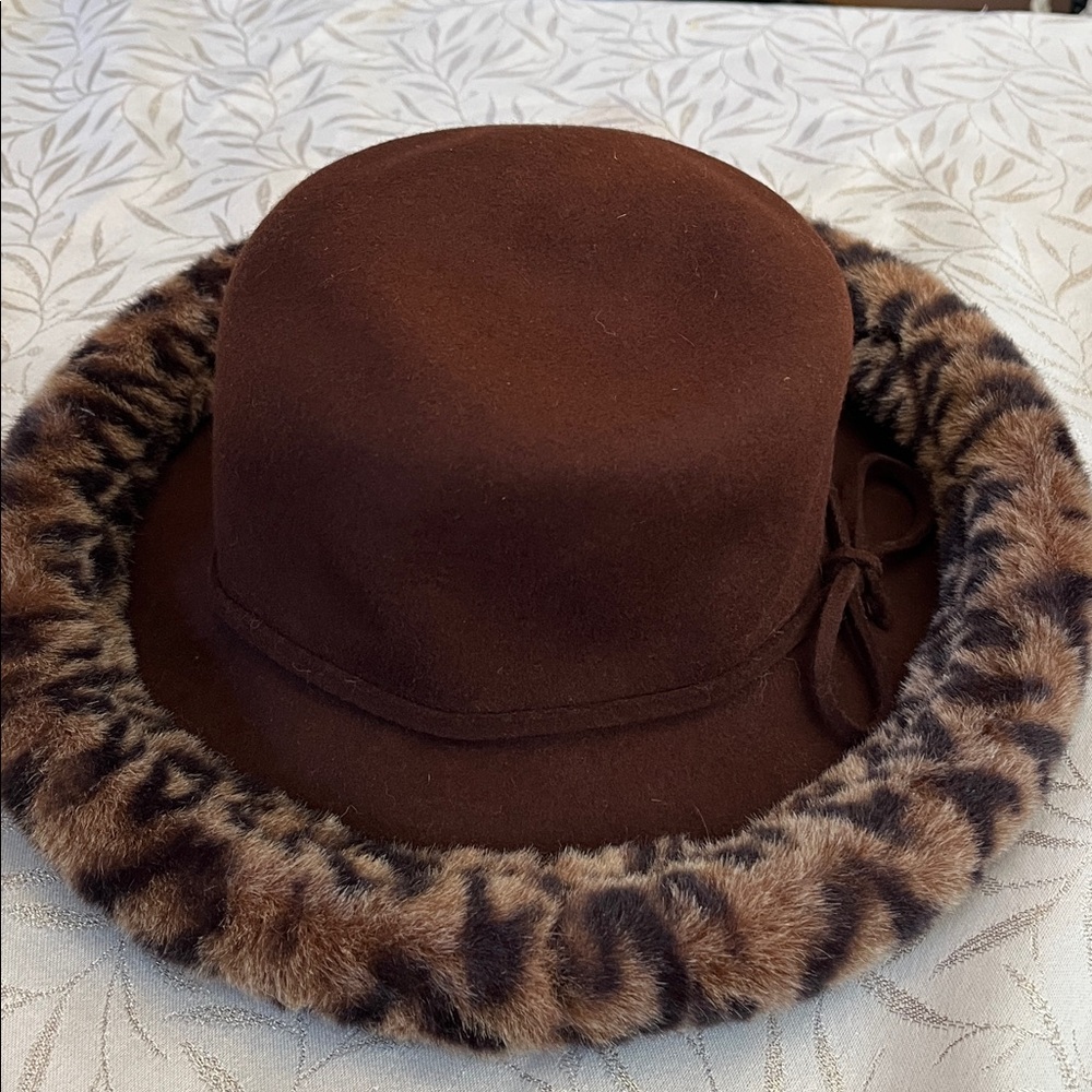 Vintage Fall Wool Brown Hat w/Animal Faux Fur Print Trim - Picture 12 of 13